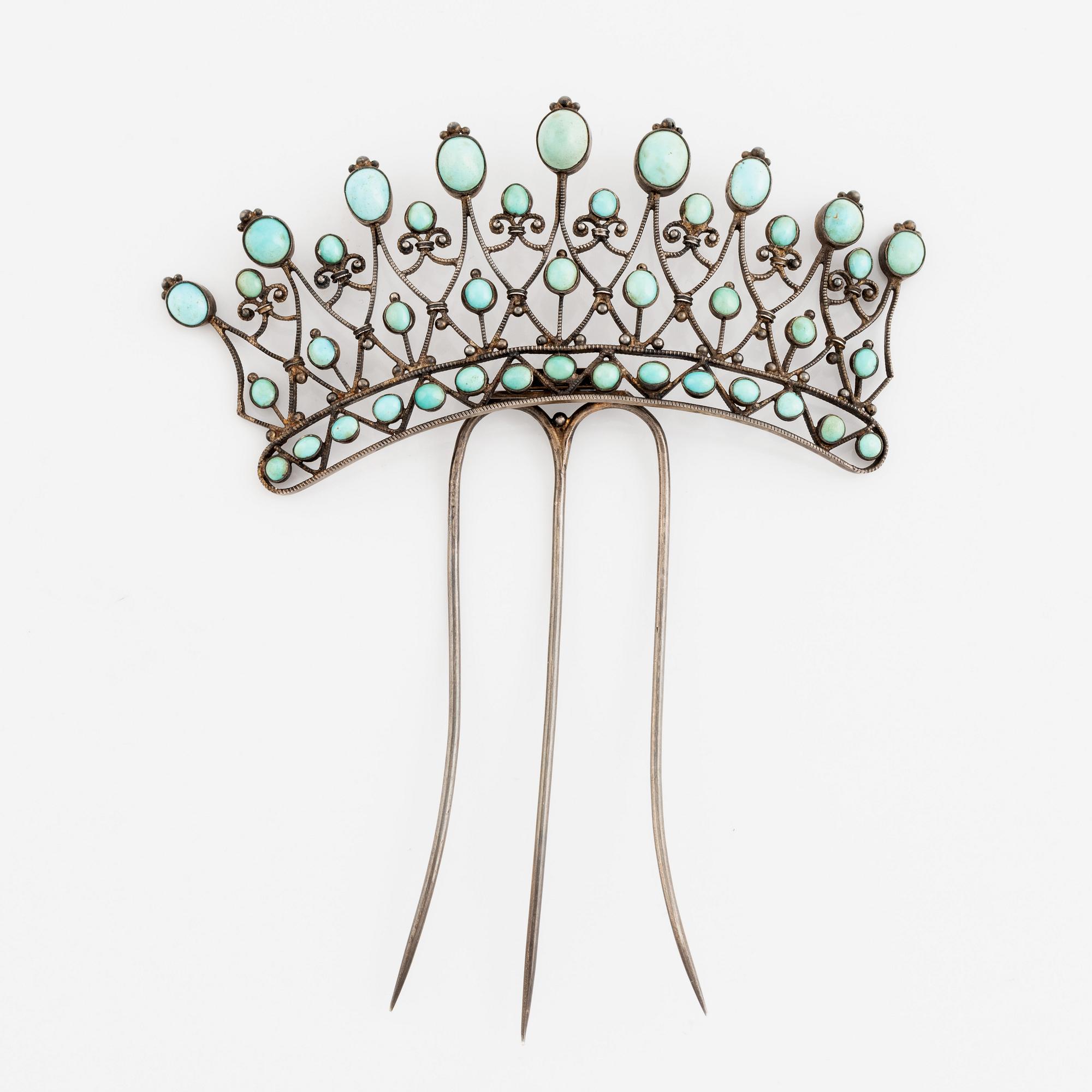 Hair comb silver and turquoise, ca 1870's.