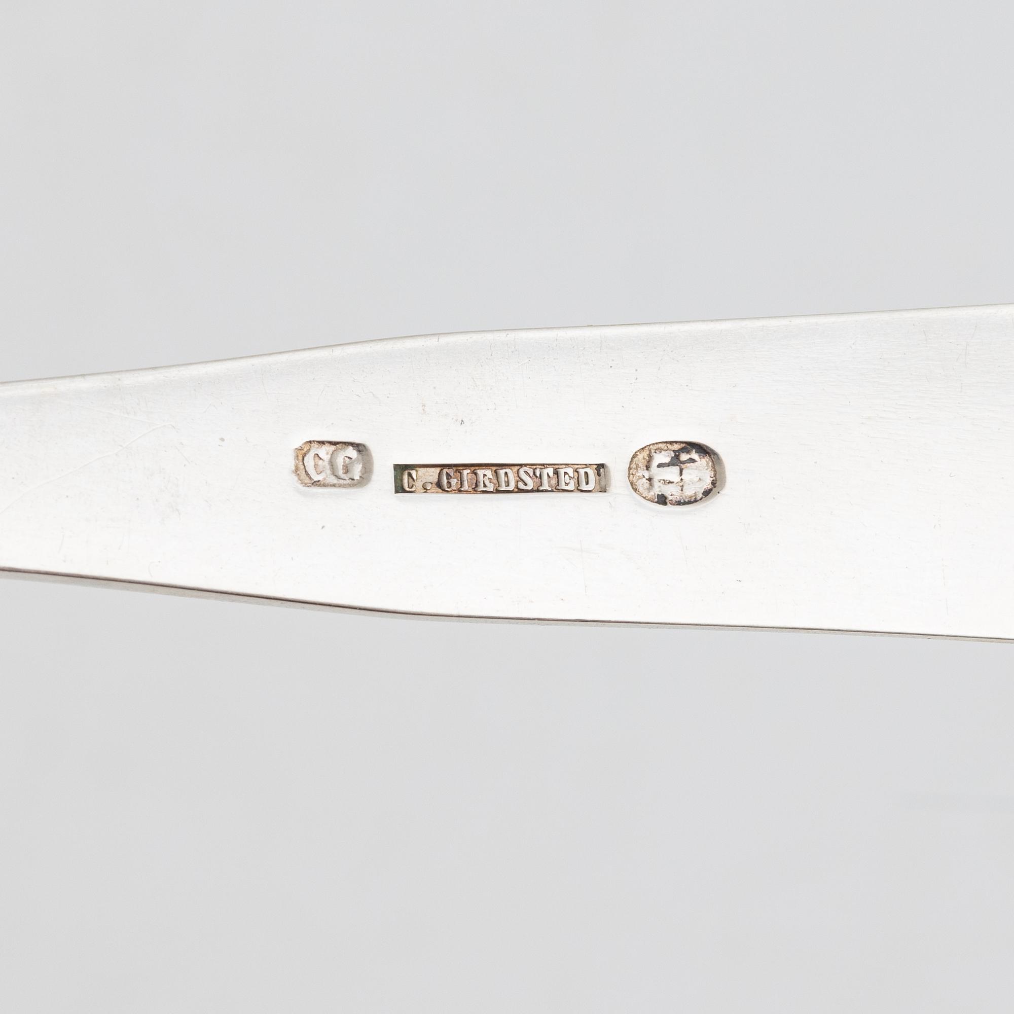 Chresten Giedsted (1802-1875), skedar, 6 st, silver, Randers, Danmark.