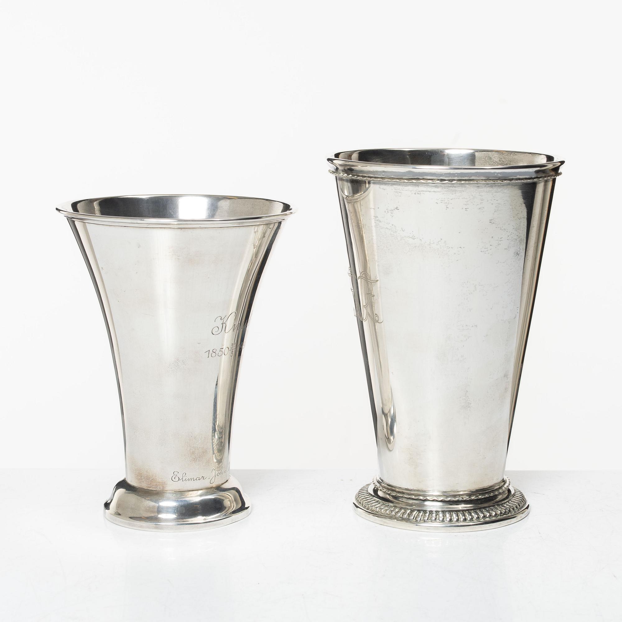 Bägare, 2 st, silver, bl.a. I. Sundström, Stockholm 1917.