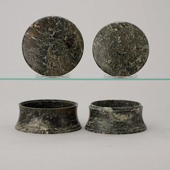 Four Swedish 19th century green marble boxes with covers.