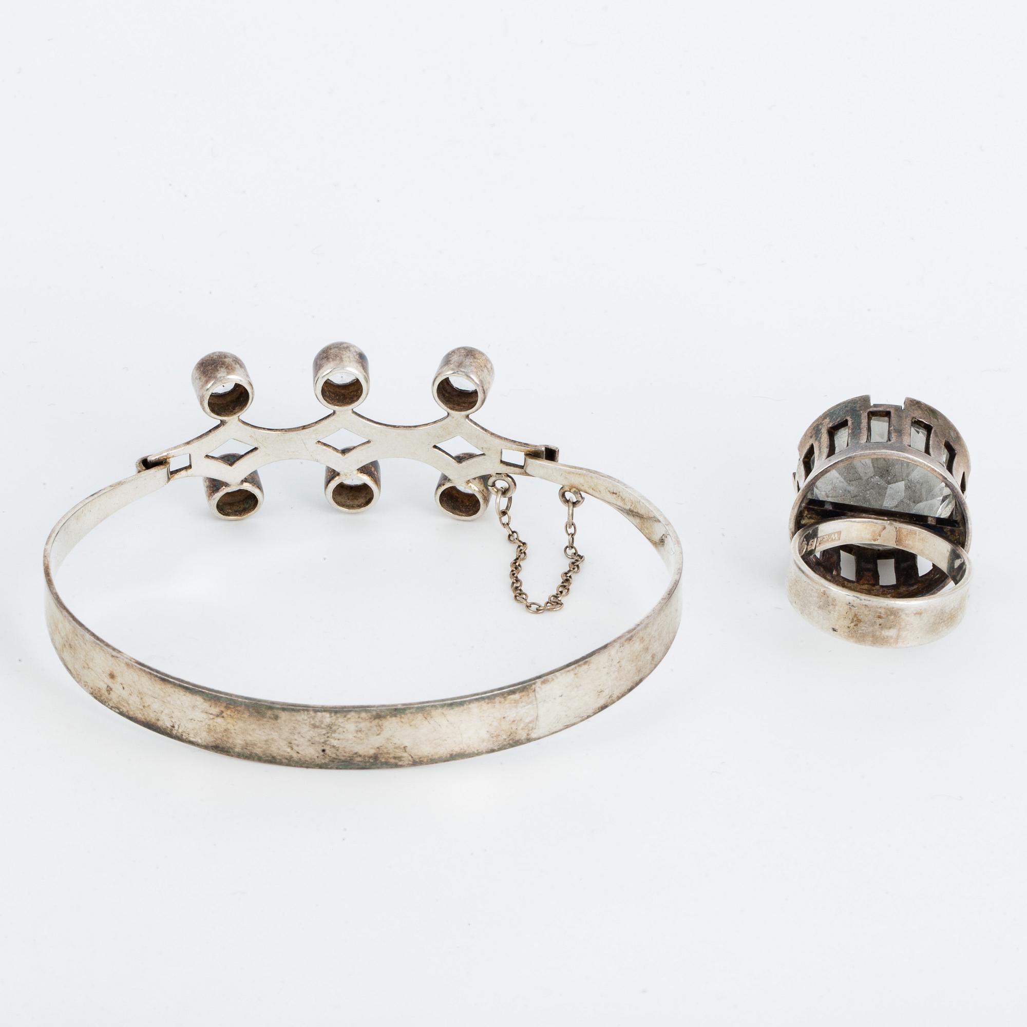 Ring and bangle, silver with rock crystal.