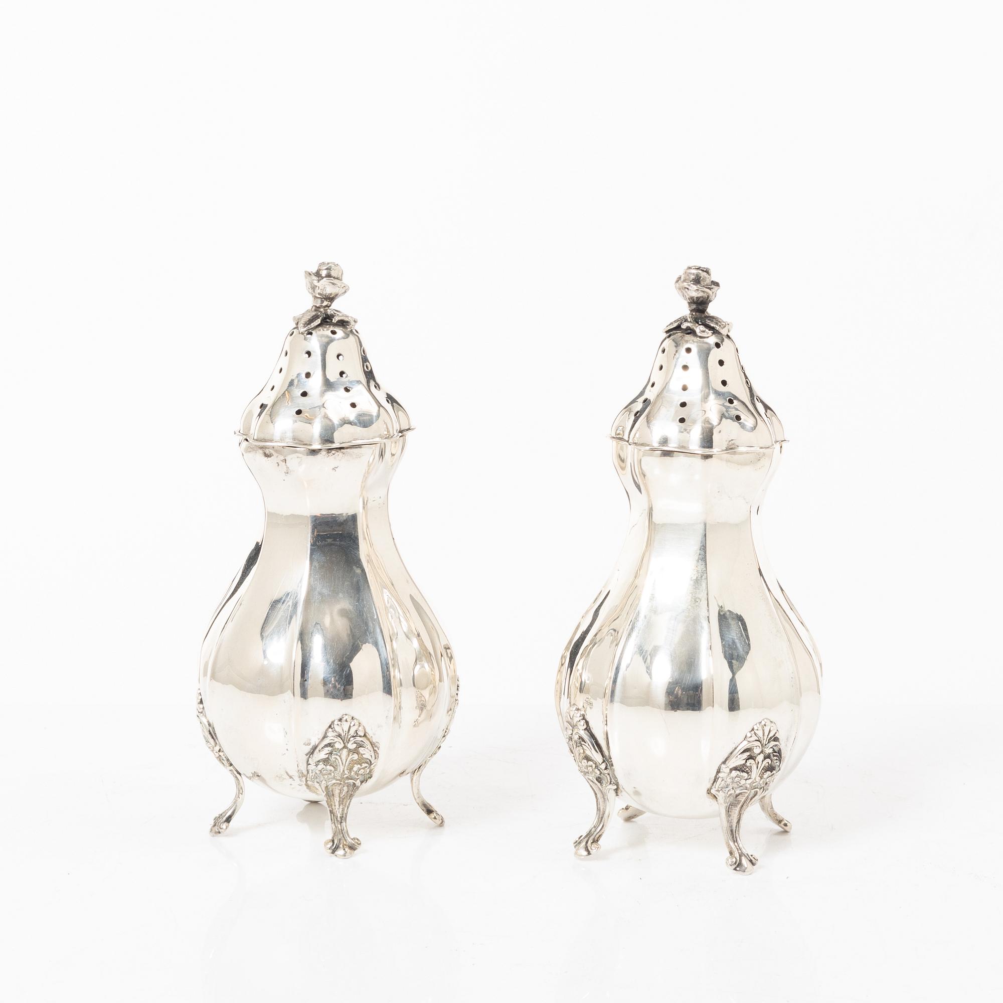 Sugar casters, a pair, silver, Rococo style, 20th century.