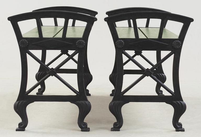 A pair of Folke Bensow cast iron park benches 'No 2', Näfveqvarn, Sweden.