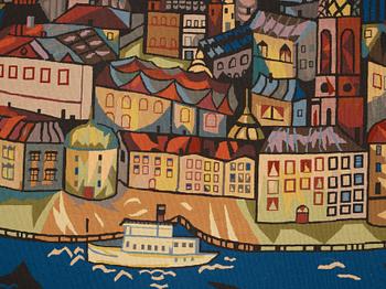 Lars Gynning, A TAPESTRY, "La Vieille Ville" ("Gamla Stan"), tapestry weave, ca 93,5 x 198,5 cm, signed GYNNING MTP fino.