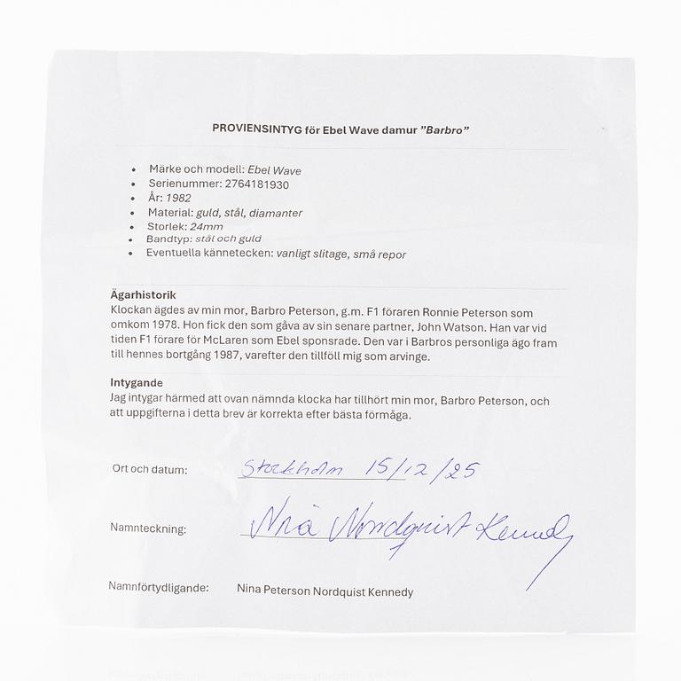 Ebel, Wave, "Barbro Peterson", wristwatch, 27.5 mm.