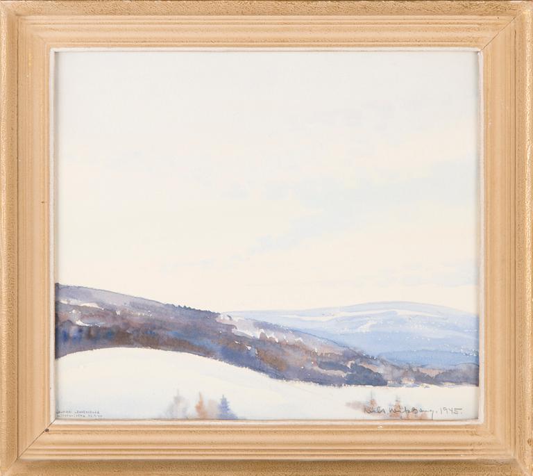 NILS WIKBERG, vesiväri, signeerattu ja päivätty 1945. Omistuskirjoituksella.