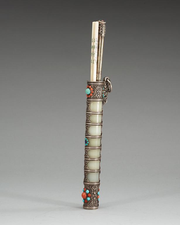 A silvered pewter case with a knife and ivory chopsticks, late Qing dynasty.