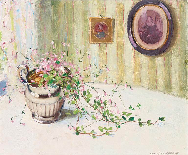 Olle Hjortzberg, Still life with Twinflowers in silver jug.