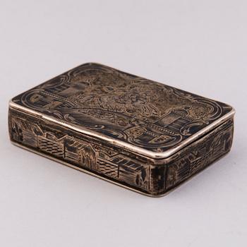 SNUFF BOX, silver with niello decoration, Moscow probably 1826, goldsmith OB.