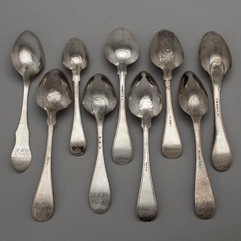 NINE 19TH CENTURY SILVER TABLE SPOONS.