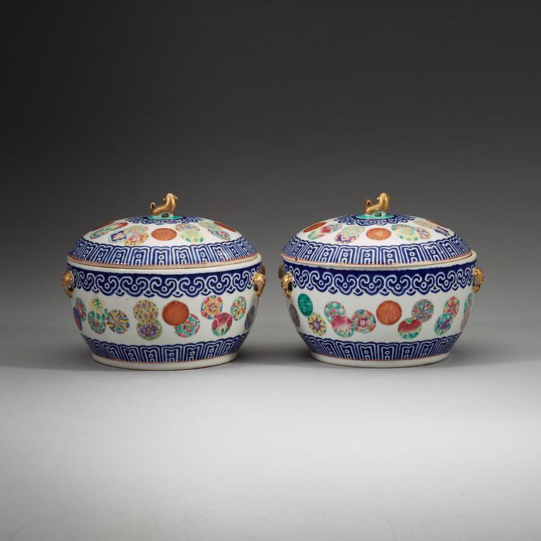 A pair of famille rose and blue enamel tureens with covers, late Qing dynasty.