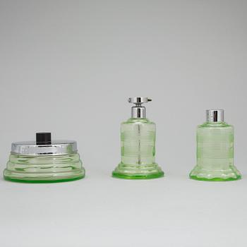 TOALETTSETT, 3 delar, glas, art deco, 1920/30-tal.