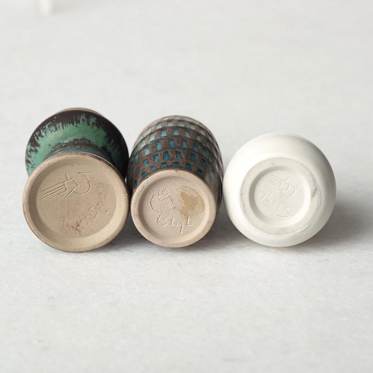 Stig Lindberg, a set of six stoneware miniature vases, Gustavsberg studio, Sweden 1958-62.