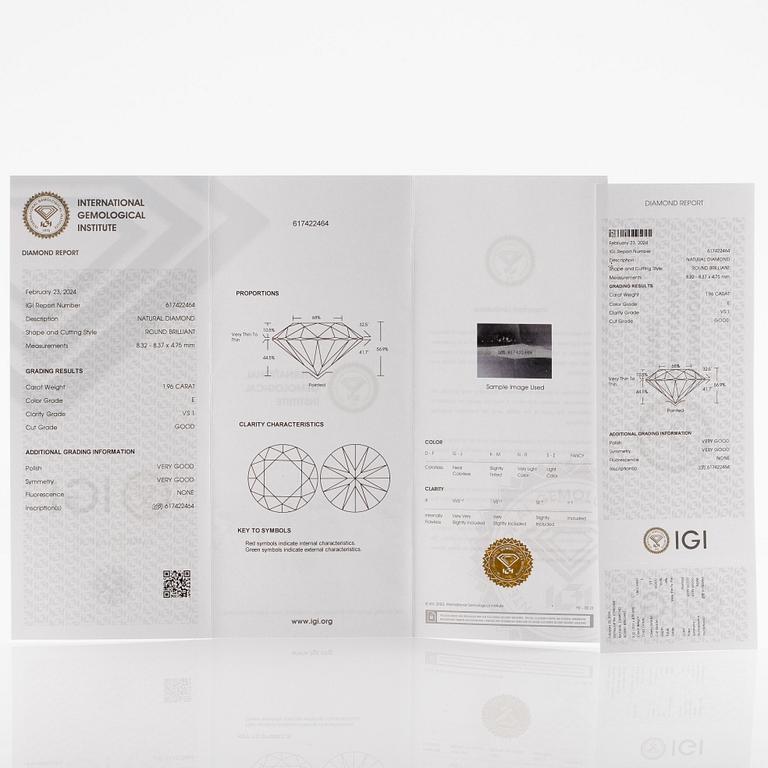 Ring, 18K vitguld med briljantslipad diamant 1.96 ct. Medföljande IGI report.