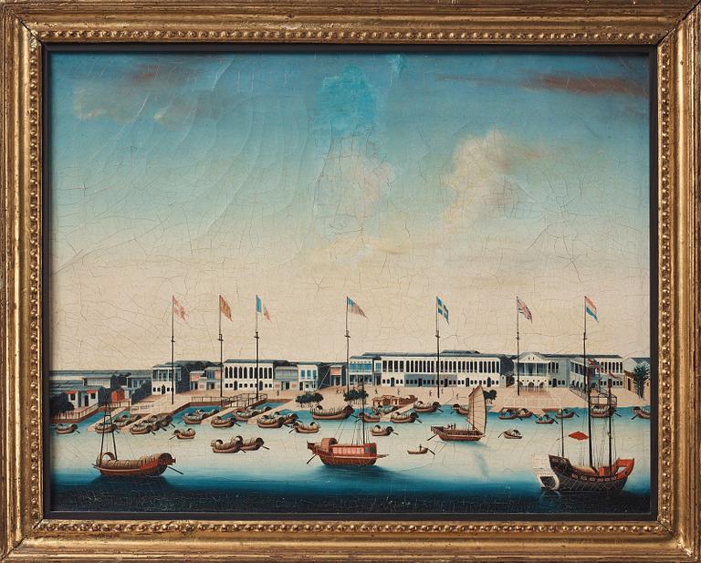 Målning, okänd konstnär, vy över Kanton. Qingdynastin, omkring år 1800.
