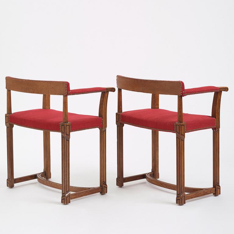 Carl Bergsten, a pair of oak easy chairs, Nordiska Kompaniet, 1923, ordered for the 1923 Jubilee Exhibition in Gothenburg.