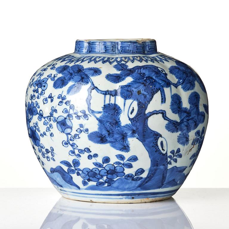 A blue and white melon shaped 'three friends of winter' jar, Ming dynasty, Wanli (1572-1620).