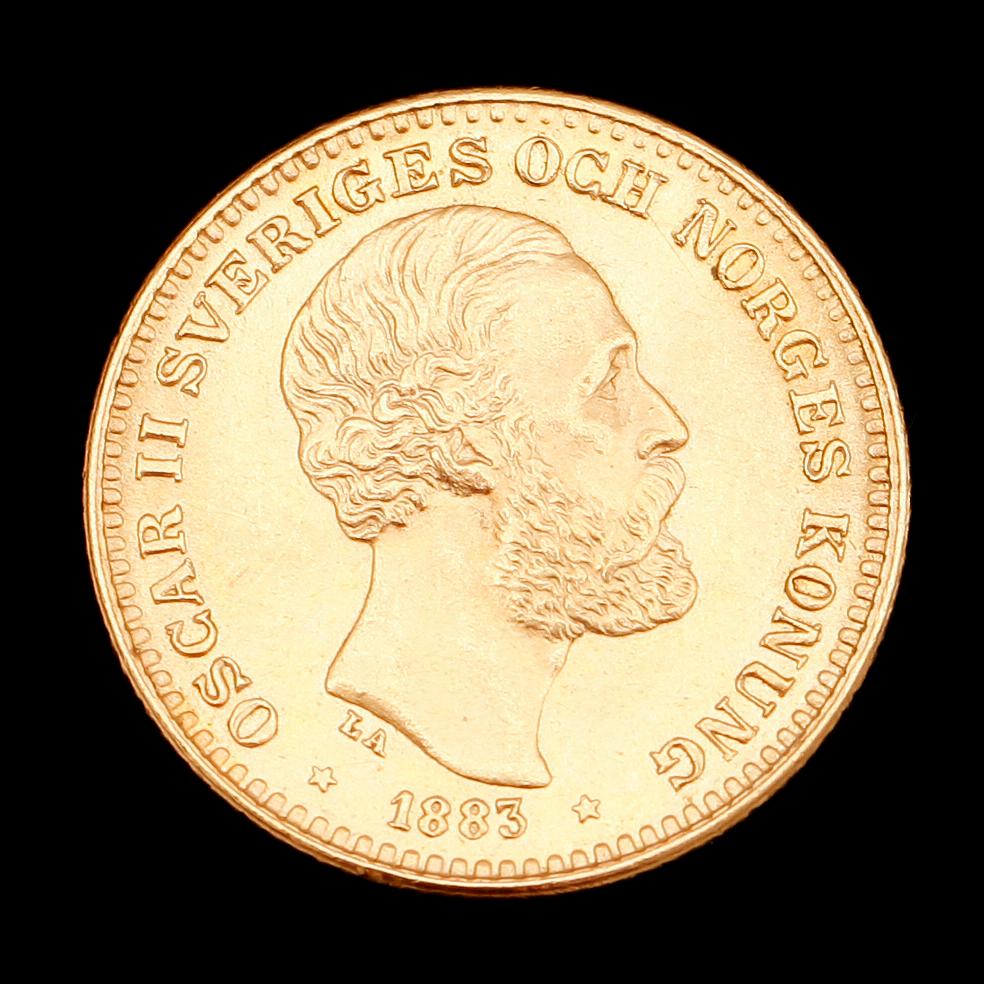 GULDMYNT, 10 kr, Oscar II, 1883. Vikt ca 5 g.