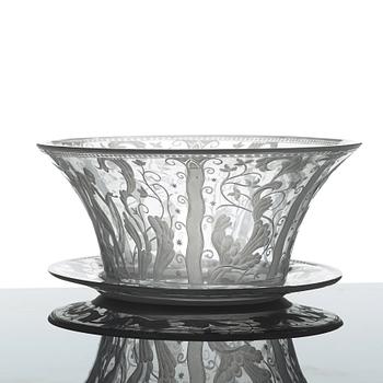 Simon Gate, an engraved glass bowl and stand, Orrefors, Sweden  1924, model 147.