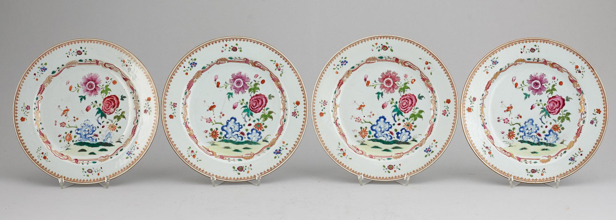 A set of four famille rose dinner plates, Qing dynasty, Qianlong (1736-95).