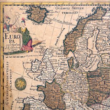 J G Schreibern, karta Europa, handkolorerat kopparstick, Leipzig 1749.