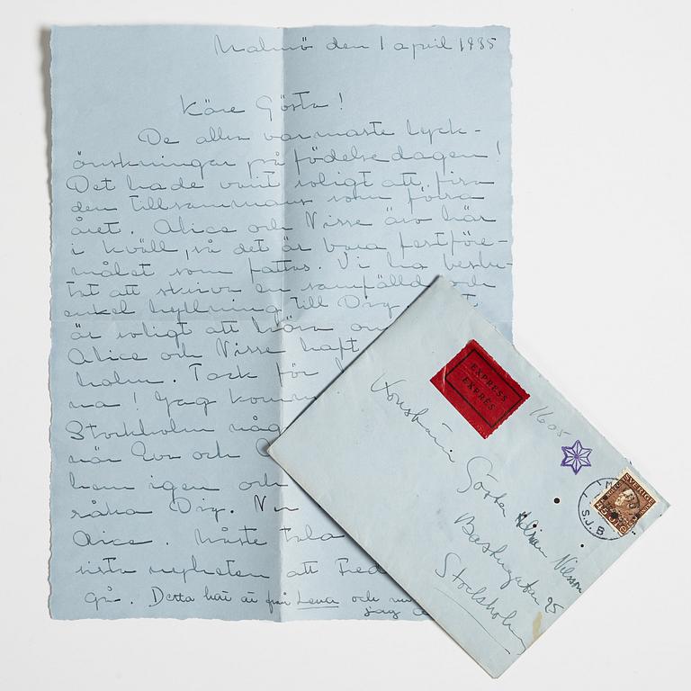 LETTER from the Wedel and Liepe families to GAN (Gösta Adrian-Nilsson) in Stockholm, dated Malmö 1 april 1935.