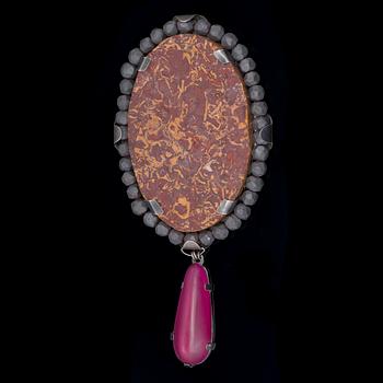 ULLA AHOLA, BROOCH, silver, jasper, hematite, synthetic ruby, 2008.