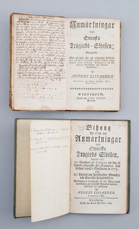 BOK: Anders Lissander, Anmärkningar wid Swenska Trägårds-Skötslen, 1768  samt Bihang till 1768 års Anmärkningar, 1782.