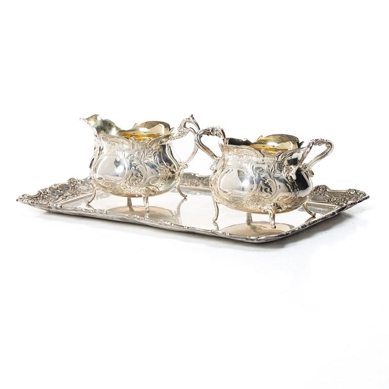 Tray, cream jug and sugar bowl, silver, GEWE, Malmö, 1959–68.