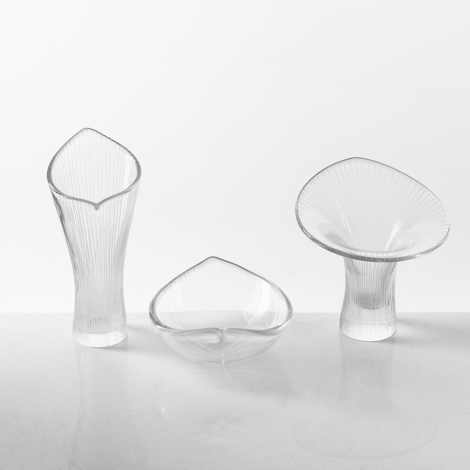 Tapio Wirkkala, two 'Kantarelli' vases and a bowl, Iittala, Finland, 1956-57.