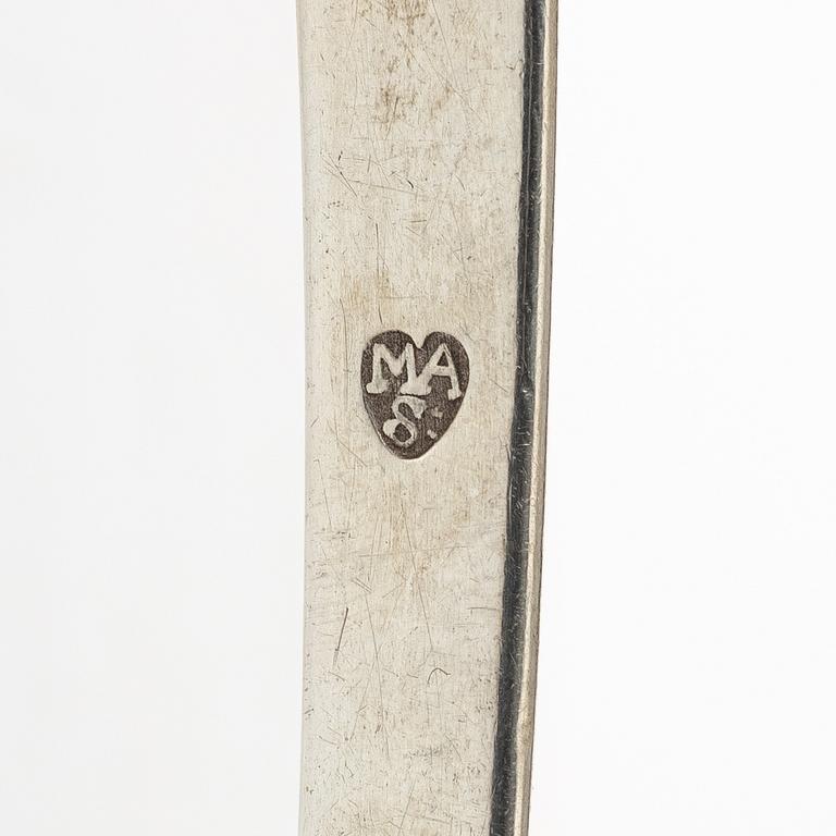 Two silver serving spoons with pseudo-marks, around the year 1900.