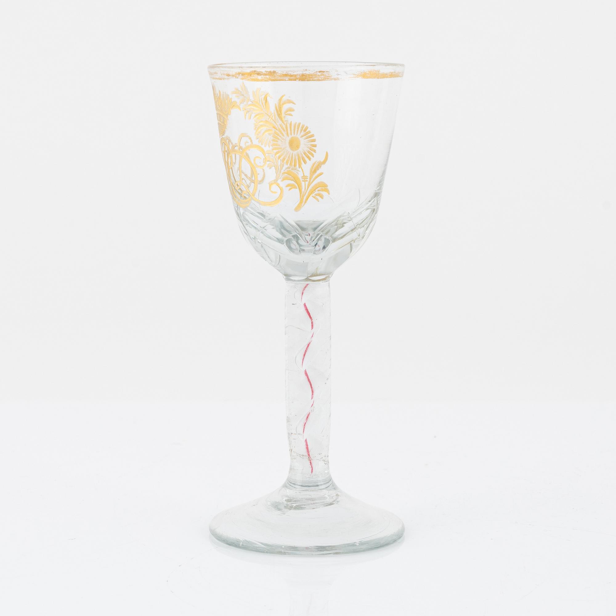 An engraved wine glass possibly from Göteborgs glasbruk, 18th century.
