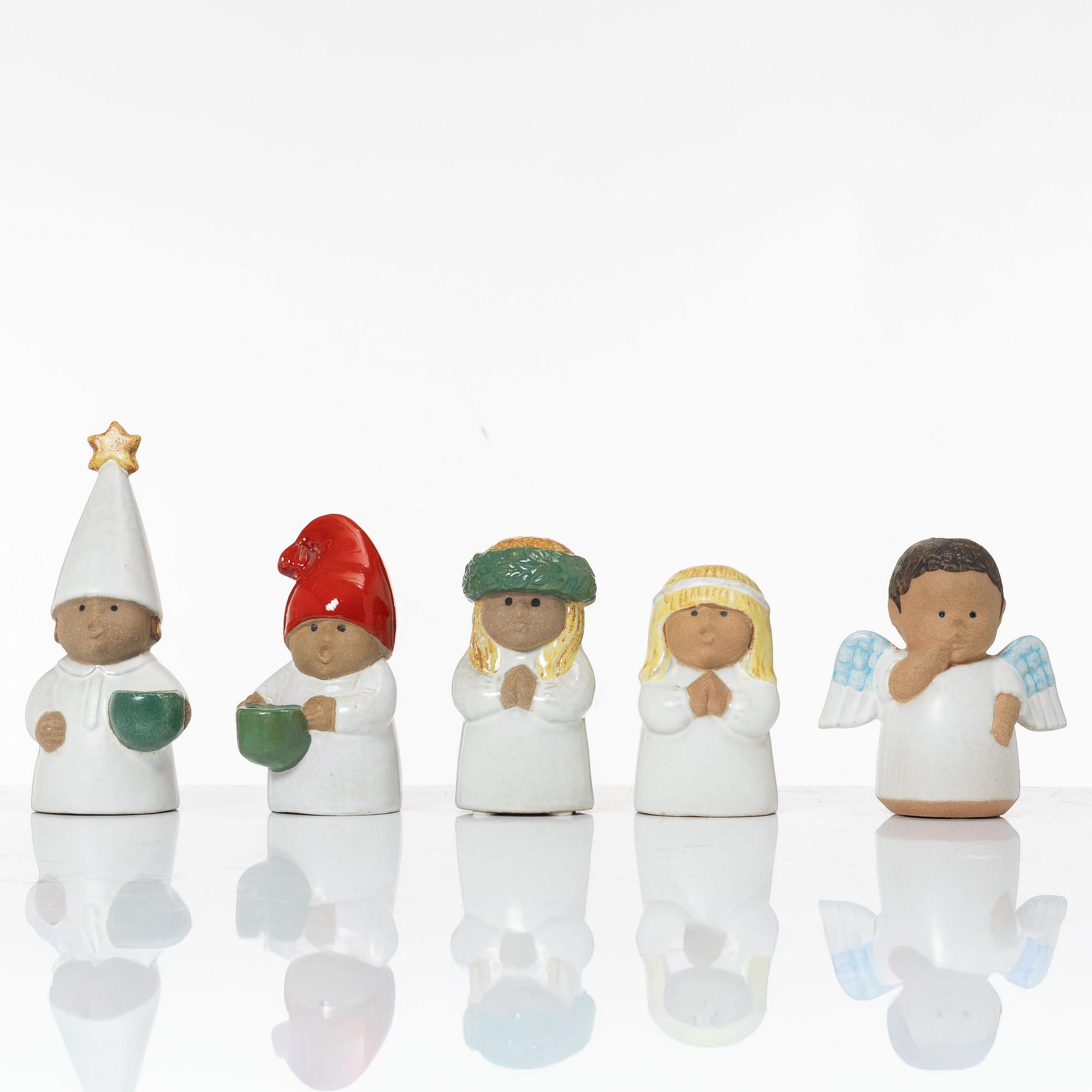 Lisa Larson, a set of five stoneware figurines, including from the series 'Adventsbarn', Gustavsberg.
