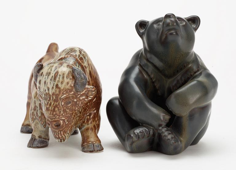 Two Gunnar Nylund stoneware figures, a bear and a bison, Rörstrand.