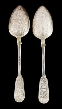 159. A set of two Russian 19th cent silver tablespoon, marks of Anton Chevarzin Moscow 1863.