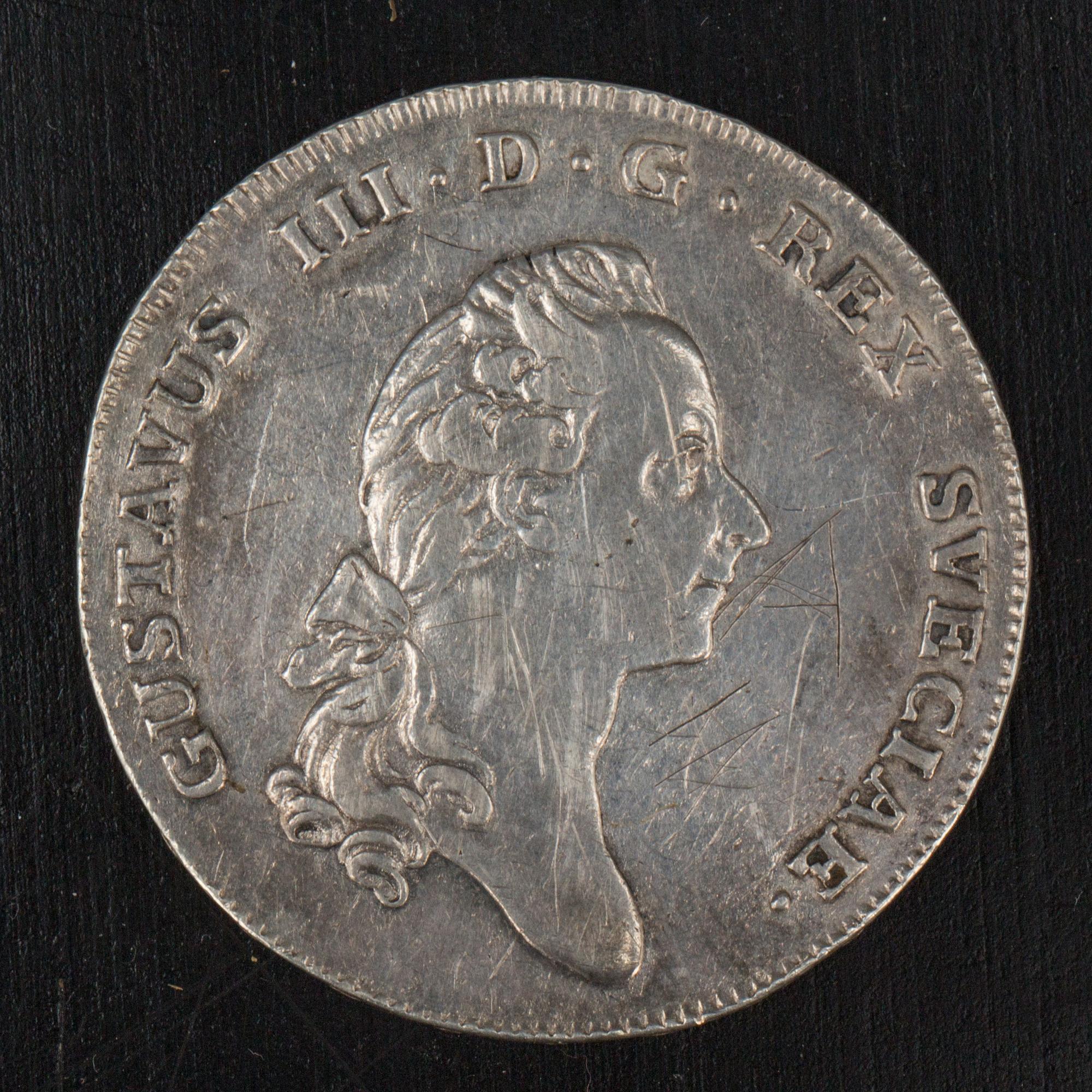SILVERMYNT, 1 riksdaler, Gustav III, 1777, vikt ca 29g.