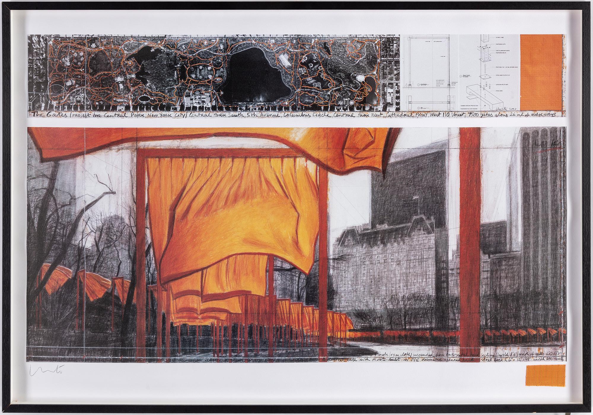 CHRISTO & JEANNE-CLAUDE, offset in colours, with a collage of fabric, signed Christo in pencil.