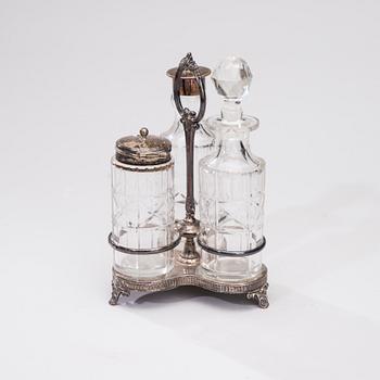 BORDSSURTOUT, silver, nysilver och glas, stämplad James Dixon & sons, Sheffield 1870.