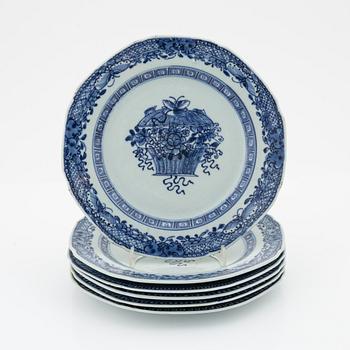 A set of six blue and white dishes, Qing dynasty, late 18th Century.