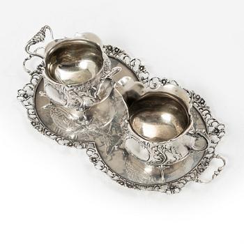 Gewe Silvervarufabriken Ab, cream jug, sugar bowl and tray, silver, Rococo style, Malmö 1968–1976.