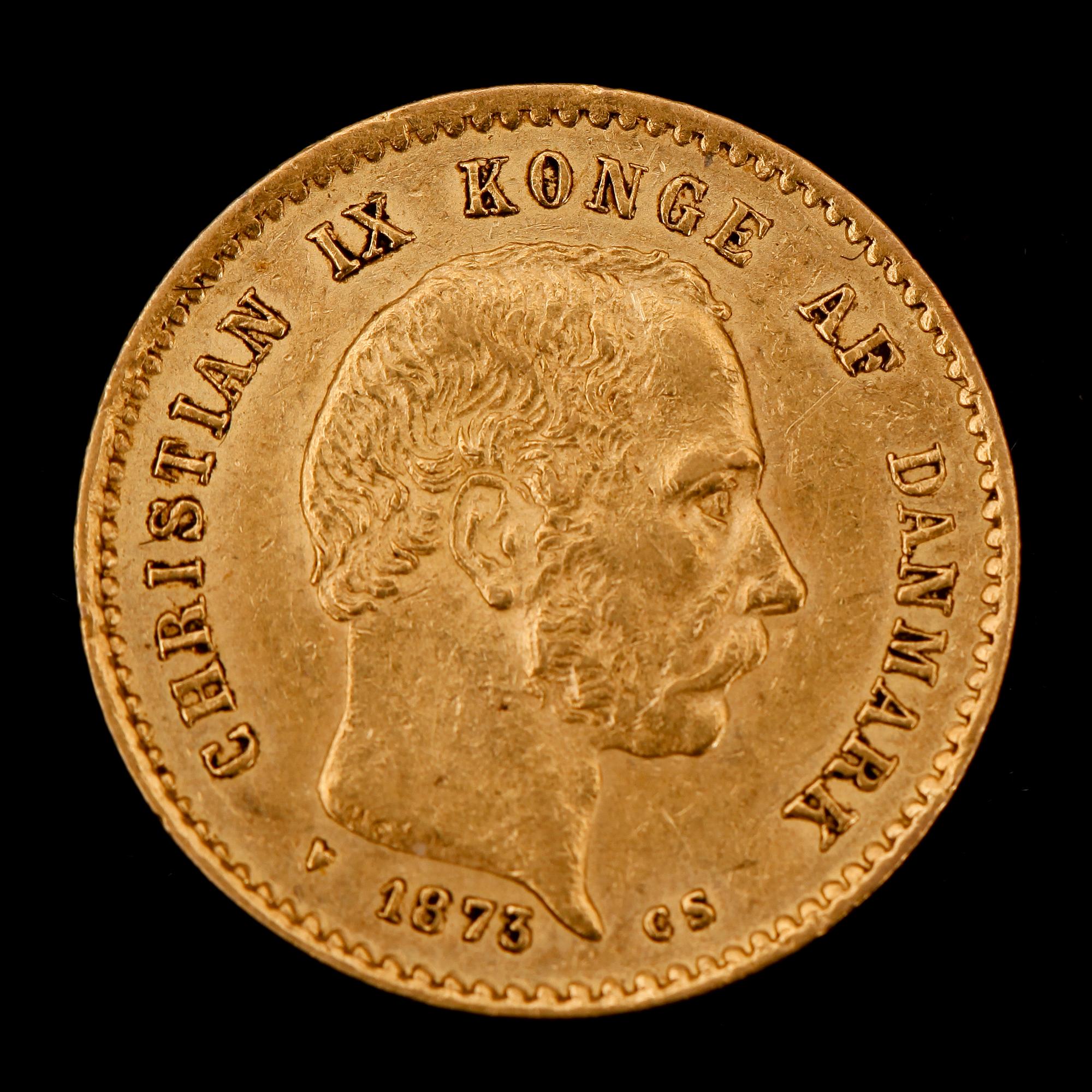 GULDMYNT, 10 kroner, Danmark, 1873. Vikt 4 g.