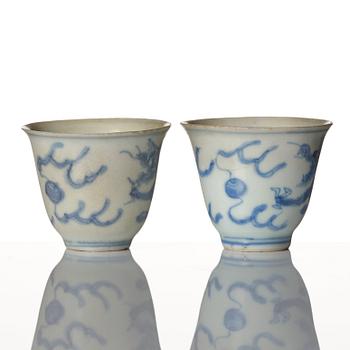 A pair of blue and white wine cups, 'Hatcher Cargo', 17th Century.