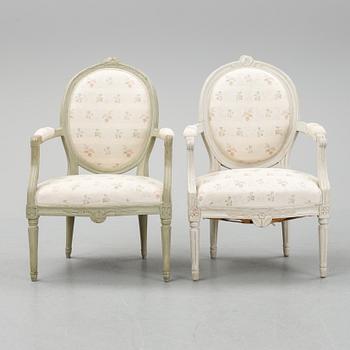 Two armchairs, gustavian and gustavian style, late 18th and early 20th century.