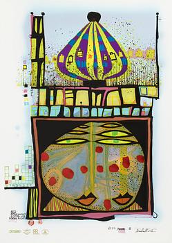 Friedensreich Hundertwasser, photo lithograph and silk screen with metal embossing, 1984. Signed and numbered 6354/10002.