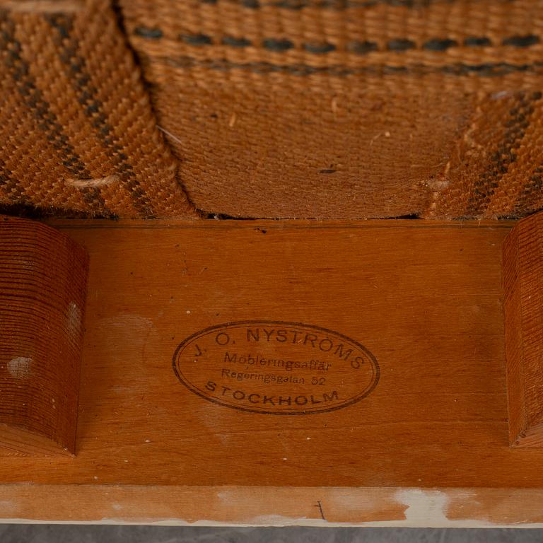 A pair  chairs and a stool, late-gustaivan style, J.O. Nyström Möbleringsaffär, Sweden, 20th century.