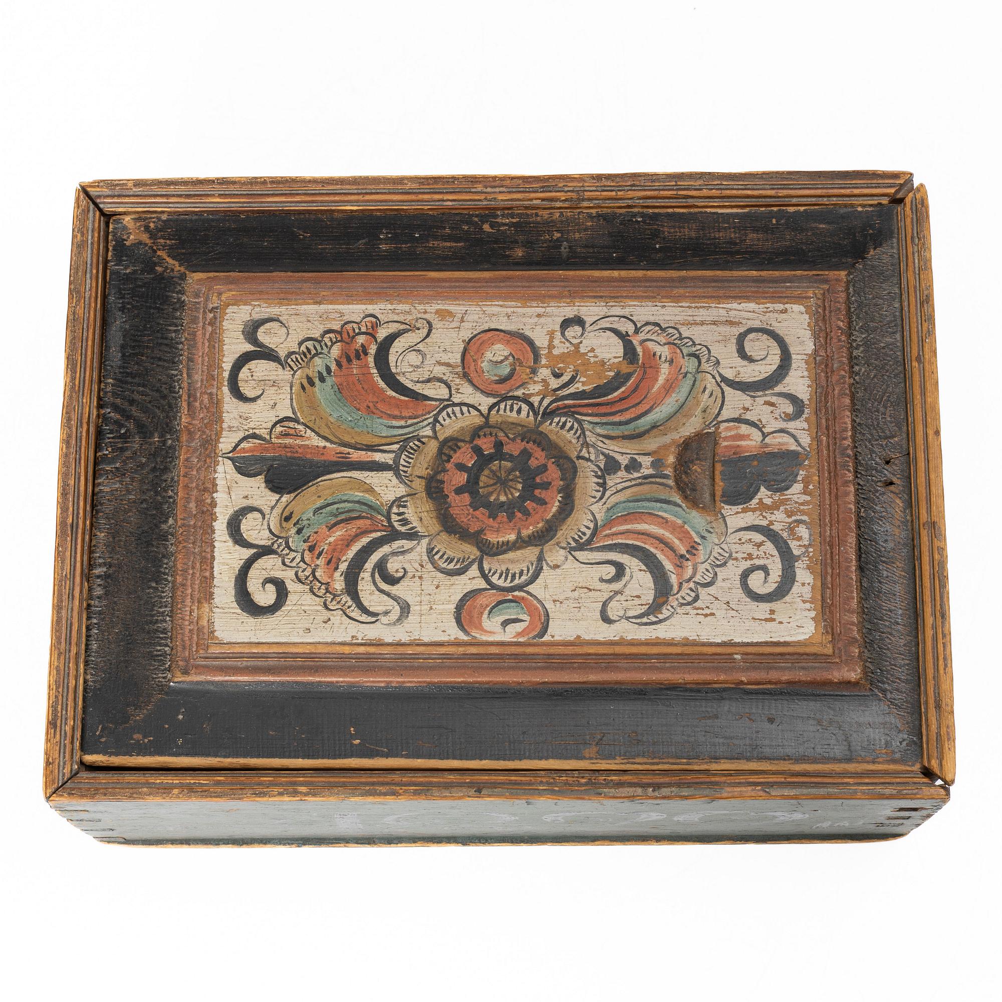 Timplåda, allmoge, tillskriven Hak-målarna, Lima, Dalarna, daterad 1822.