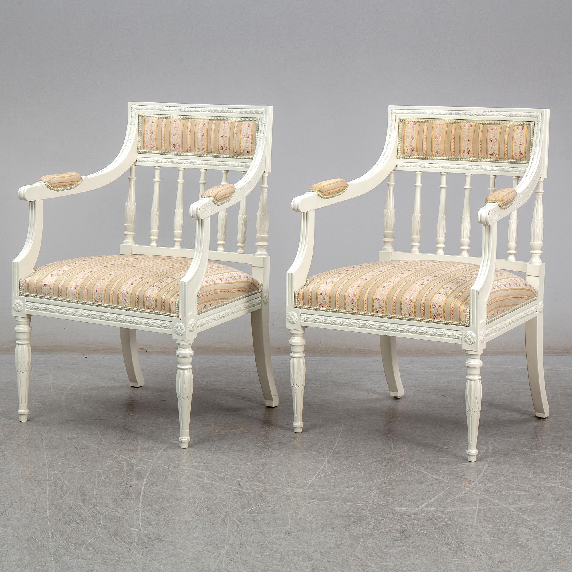 A pair of chairs, sofa and table, late gustavian style, 1900's.