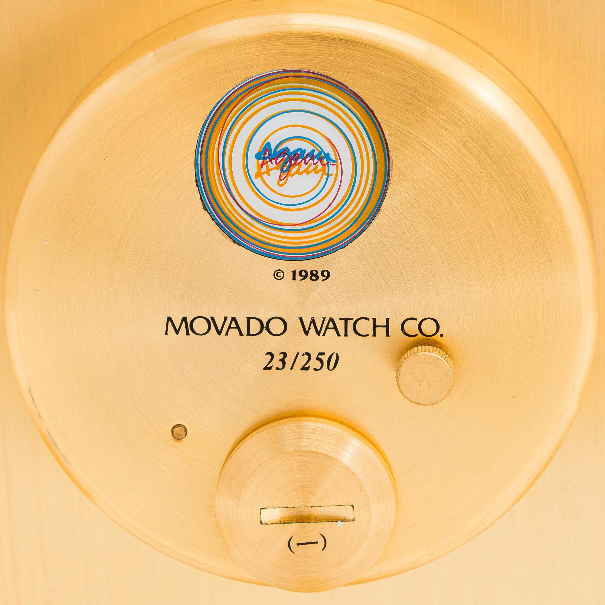 Yaacov Agam, Movado, "Rainbow", Two wrist watches, a table clock and a pocket watch.
