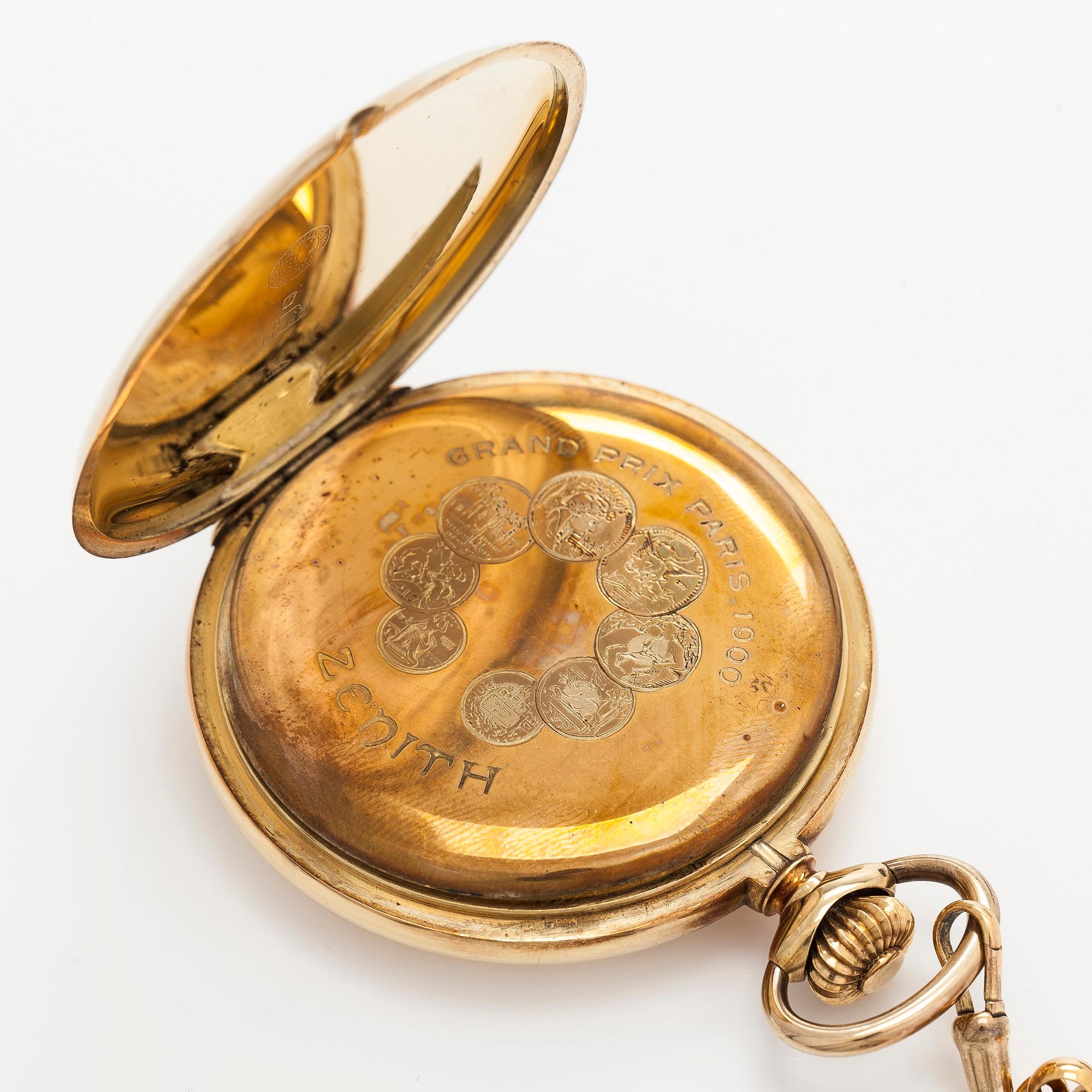Zenith, taskukello, 55 mm, 14K kultaa, ankkurikäynti, kellonvitjat 14K kultaa.
