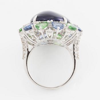 Ring, 18K white gold with opal, tsavorite, sapphire, and brilliant-cut diamonds.